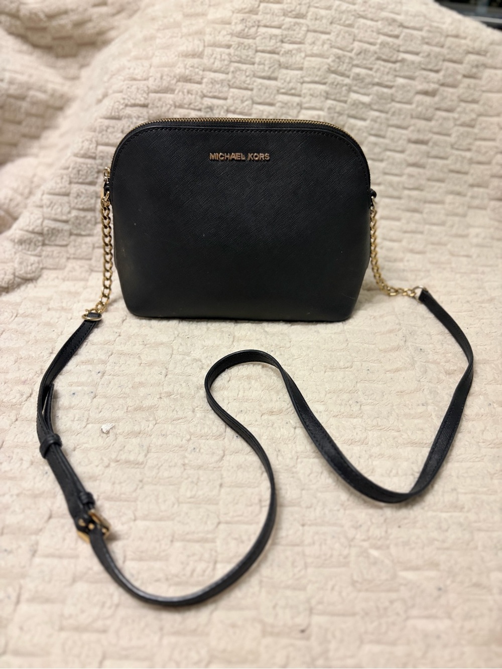 Michael Kors Black Leather Crossbody with Gold Chain Accents